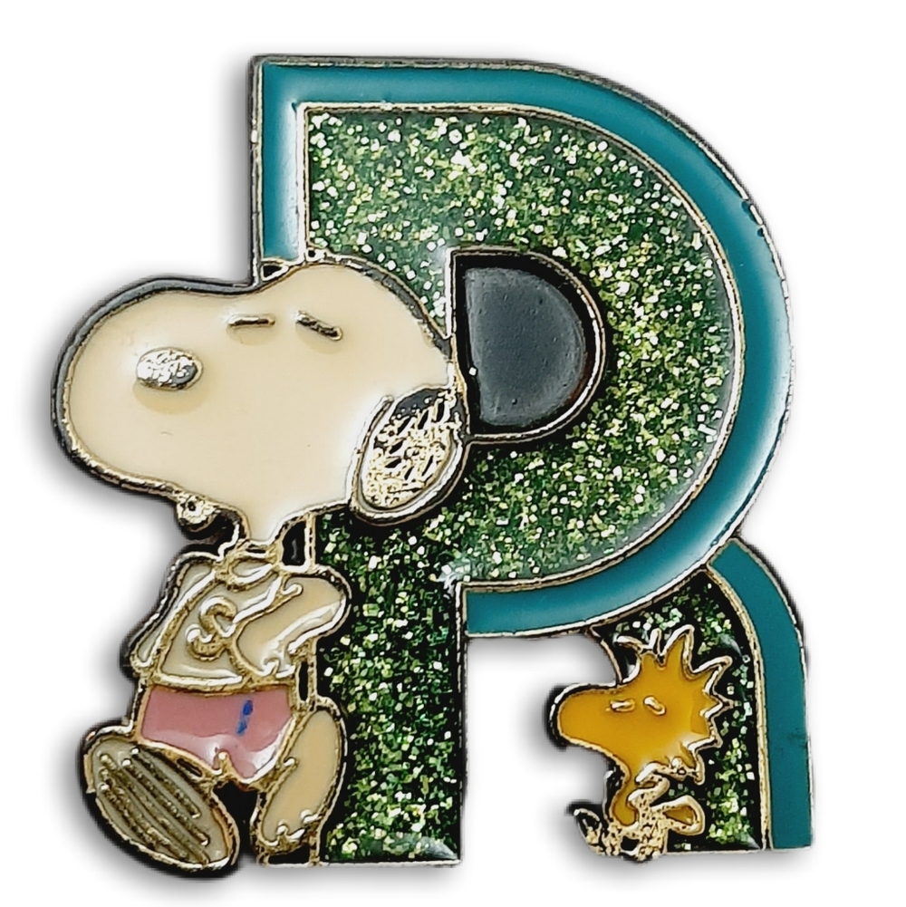 Vintage SNOOPY Initial Letter R Woodstock Peanuts Glitter Brooch Jewelry Pin